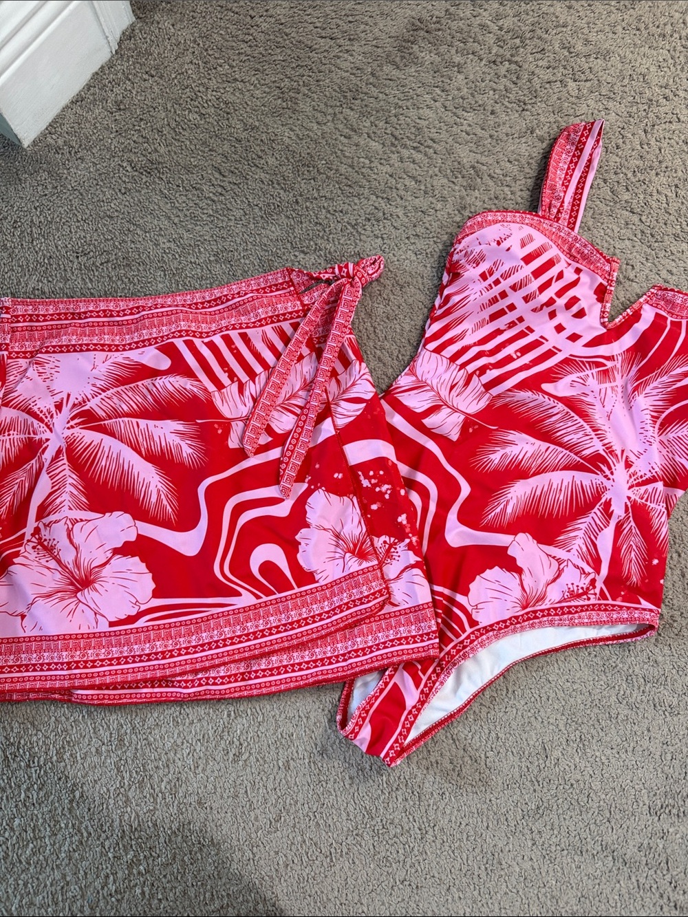 SHEIN Red Pink Tropical One-Piece Swimsuit with Cover-Up